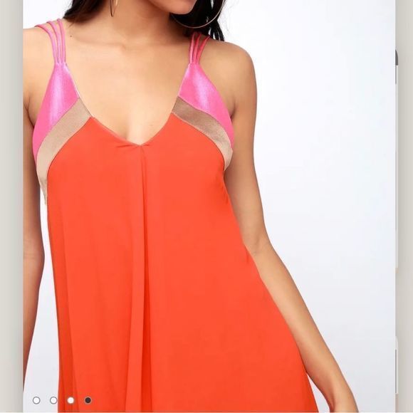 Lulus Bright On Coral Orange Pink Color Block Swing Dress MEDIUM - Picture 3 of 12